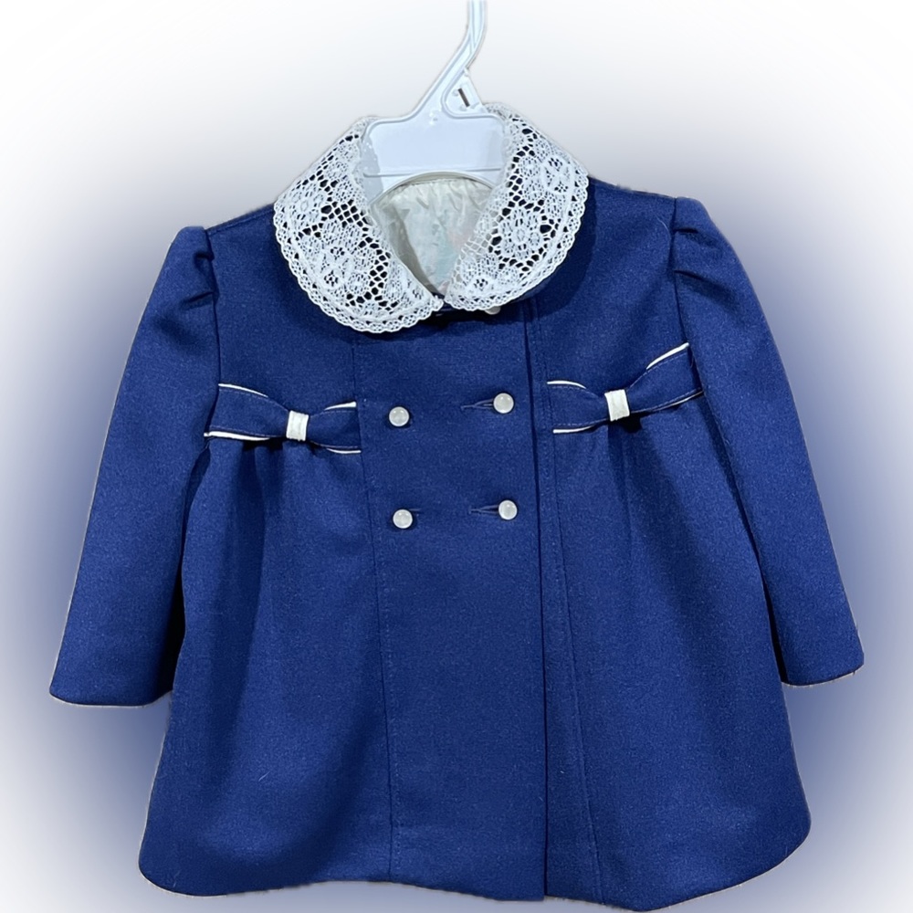 Cute Togs Coat Navy Blue & White Double Breasted Lace Overlay on collar USA